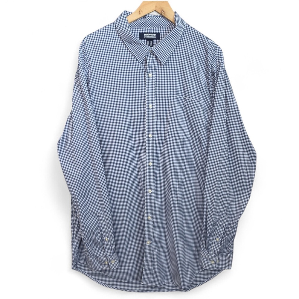 Lands‎ End Shirt Mens XXL Tall Blue Mini Gingham Check Button Long Sleeve Casual